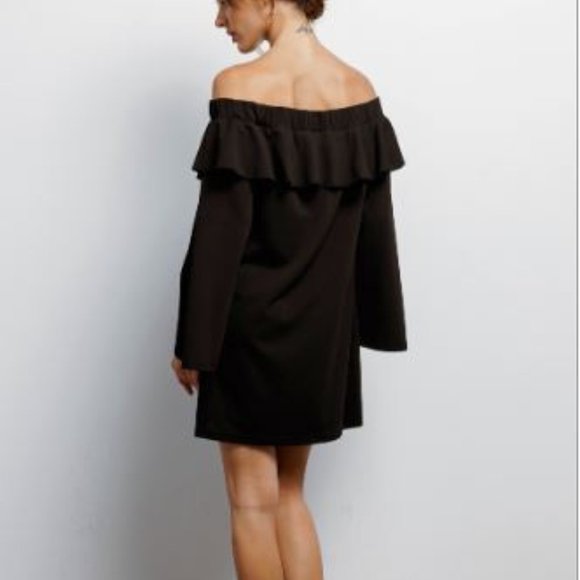 #145 Black Off-The-Shoulder Ruffle Long Bell Sleeve Mini Dress - Picture 2 of 2